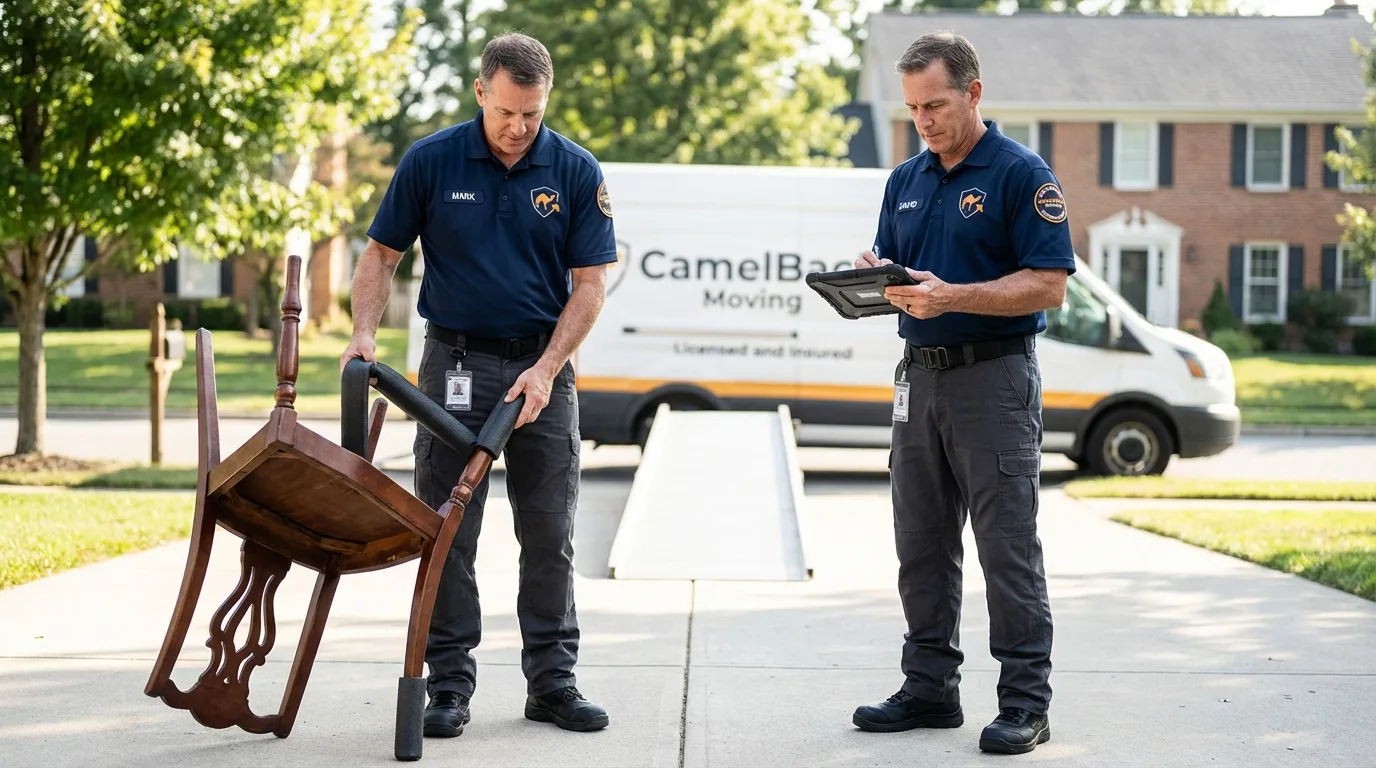 Movers inspecting furniture for damage prevention before loading in Chalfont, PA