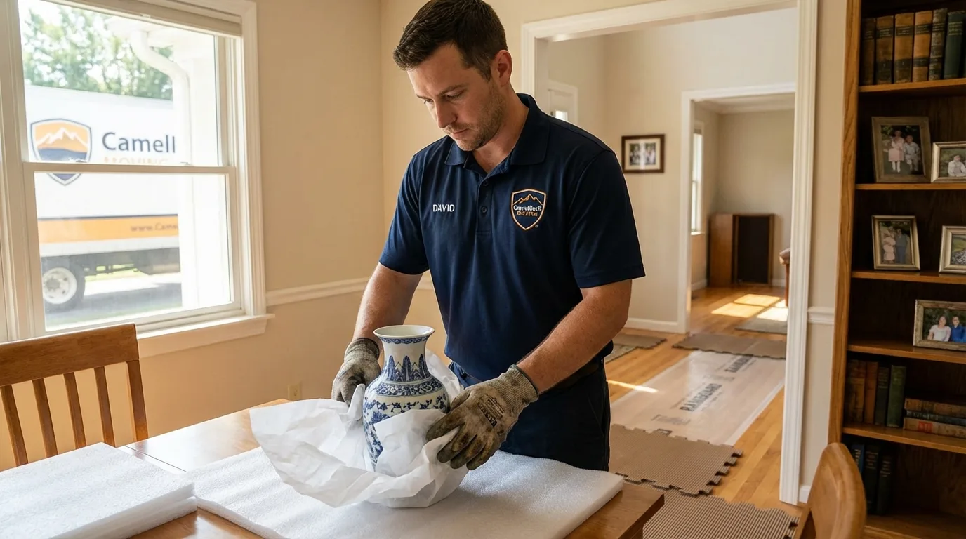 Professional crew carefully wrapping antique vase for senior downsizing move in Chalfont, PA